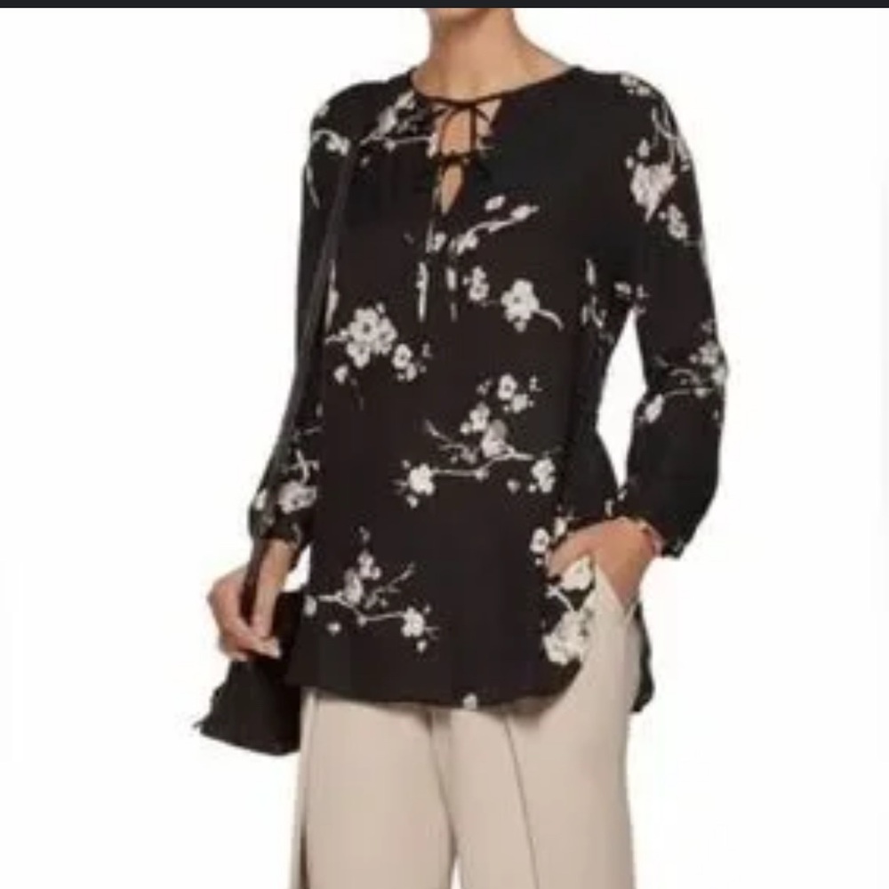 THEORY small Alrik Floral Print Silk Blouse Top Black Long Sleeve